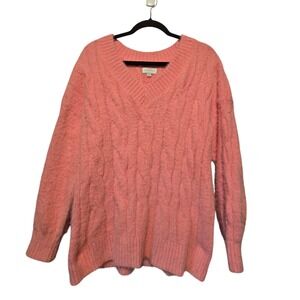 Lucky Brand Cable Knit Sweater Women LG Fuzzy Chunky Pink Cottage Fairy Coquette